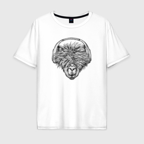 Мужская футболка хлопок Oversize с принтом Альпака в наушниках в Курске, 100% хлопок | свободный крой, круглый ворот, “спинка” длиннее передней части | 