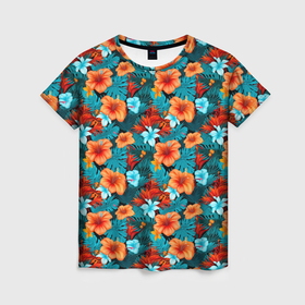 Женская футболка 3D с принтом Гавайский стиль цветы в Екатеринбурге, 100% полиэфир ( синтетическое хлопкоподобное полотно) | прямой крой, круглый вырез горловины, длина до линии бедер | 