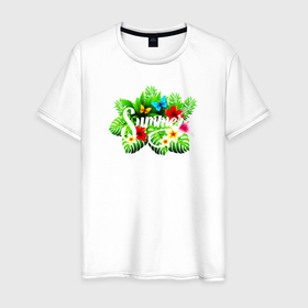 Мужская футболка хлопок с принтом Лето цветы и бабочки в Петрозаводске, 100% хлопок | прямой крой, круглый вырез горловины, длина до линии бедер, слегка спущенное плечо. | 