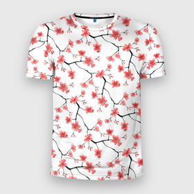 Мужская футболка 3D Slim с принтом Акварельные цветы сакуры паттерн в Петрозаводске, 100% полиэстер с улучшенными характеристиками | приталенный силуэт, круглая горловина, широкие плечи, сужается к линии бедра | Тематика изображения на принте: 