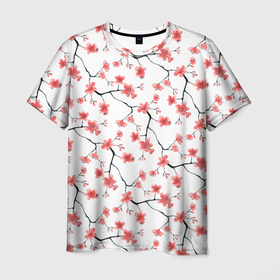 Мужская футболка 3D с принтом Акварельные цветы сакуры паттерн в Петрозаводске, 100% полиэфир | прямой крой, круглый вырез горловины, длина до линии бедер | 