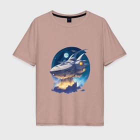 Мужская футболка хлопок Oversize с принтом Фантастический космический корабль пролетает над горой в Белгороде, 100% хлопок | свободный крой, круглый ворот, “спинка” длиннее передней части | 