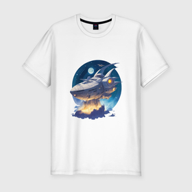 Мужская футболка хлопок Slim с принтом Фантастический космический корабль пролетает над горой в Белгороде, 92% хлопок, 8% лайкра | приталенный силуэт, круглый вырез ворота, длина до линии бедра, короткий рукав | 