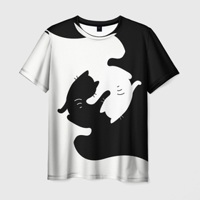Мужская футболка 3D с принтом Котики двухцветные в Курске, 100% полиэфир | прямой крой, круглый вырез горловины, длина до линии бедер | 