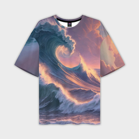 Мужская футболка oversize 3D с принтом Большая волна на закате в Белгороде,  |  | Тематика изображения на принте: 