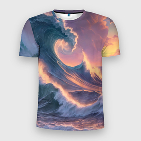 Мужская футболка 3D Slim с принтом Большая волна на закате в Белгороде, 100% полиэстер с улучшенными характеристиками | приталенный силуэт, круглая горловина, широкие плечи, сужается к линии бедра | Тематика изображения на принте: 