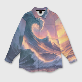 Мужская рубашка oversize 3D с принтом Большая волна на закате в Новосибирске,  |  | 