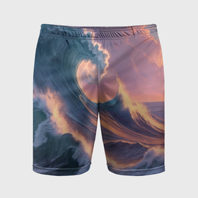 Мужские шорты спортивные с принтом Большая волна на закате в Белгороде,  |  | Тематика изображения на принте: 