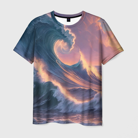 Мужская футболка 3D с принтом Большая волна на закате в Белгороде, 100% полиэфир | прямой крой, круглый вырез горловины, длина до линии бедер | 