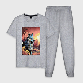 Мужская пижама хлопок с принтом Волк в осеннем лесу в Курске, 100% хлопок | брюки и футболка прямого кроя, без карманов, на брюках мягкая резинка на поясе и по низу штанин
 | 
