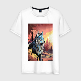 Мужская футболка хлопок с принтом Волк в осеннем лесу в Тюмени, 100% хлопок | прямой крой, круглый вырез горловины, длина до линии бедер, слегка спущенное плечо. | Тематика изображения на принте: 