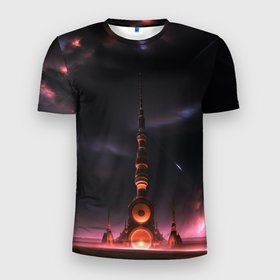Мужская футболка 3D Slim с принтом Сай фай башня на другой планете в Петрозаводске, 100% полиэстер с улучшенными характеристиками | приталенный силуэт, круглая горловина, широкие плечи, сужается к линии бедра | 