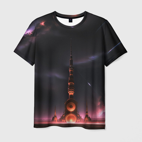 Мужская футболка 3D с принтом Сай фай башня на другой планете в Курске, 100% полиэфир | прямой крой, круглый вырез горловины, длина до линии бедер | 