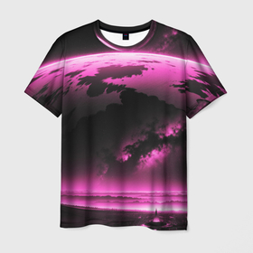 Мужская футболка 3D с принтом Сай фай пейзаж в черно розовых тонах в Кировске, 100% полиэфир | прямой крой, круглый вырез горловины, длина до линии бедер | 