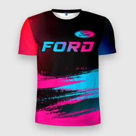Мужская футболка 3D Slim с принтом Ford   neon gradient: символ сверху , 100% полиэстер с улучшенными характеристиками | приталенный силуэт, круглая горловина, широкие плечи, сужается к линии бедра | Тематика изображения на принте: 