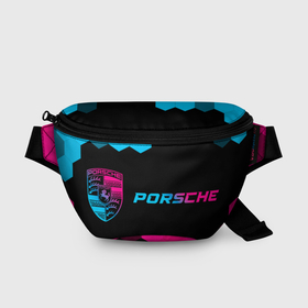 Поясная сумка 3D с принтом Porsche   neon gradient: надпись и символ в Петрозаводске, 100% полиэстер | плотная ткань, ремень с регулируемой длиной, внутри несколько карманов для мелочей, основное отделение и карман с обратной стороны сумки застегиваются на молнию | 