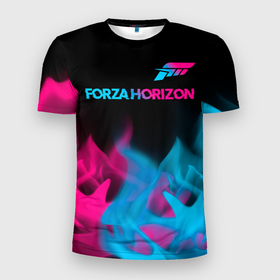 Мужская футболка 3D Slim с принтом Forza Horizon   neon gradient: символ сверху в Новосибирске, 100% полиэстер с улучшенными характеристиками | приталенный силуэт, круглая горловина, широкие плечи, сужается к линии бедра | Тематика изображения на принте: 