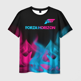 Мужская футболка 3D с принтом Forza Horizon   neon gradient: символ сверху в Петрозаводске, 100% полиэфир | прямой крой, круглый вырез горловины, длина до линии бедер | Тематика изображения на принте: 