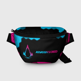 Поясная сумка 3D с принтом Assassins Creed   neon gradient: надпись и символ в Санкт-Петербурге, 100% полиэстер | плотная ткань, ремень с регулируемой длиной, внутри несколько карманов для мелочей, основное отделение и карман с обратной стороны сумки застегиваются на молнию | 