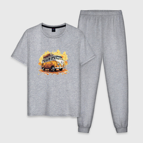 Мужская пижама хлопок с принтом Осенний автофургон в Тюмени, 100% хлопок | брюки и футболка прямого кроя, без карманов, на брюках мягкая резинка на поясе и по низу штанин
 | 