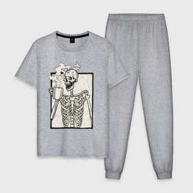 Мужская пижама хлопок с принтом Skeleton morning в Петрозаводске, 100% хлопок | брюки и футболка прямого кроя, без карманов, на брюках мягкая резинка на поясе и по низу штанин
 | 