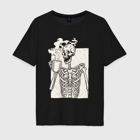 Мужская футболка хлопок Oversize с принтом Skeleton morning в Санкт-Петербурге, 100% хлопок | свободный крой, круглый ворот, “спинка” длиннее передней части | Тематика изображения на принте: 
