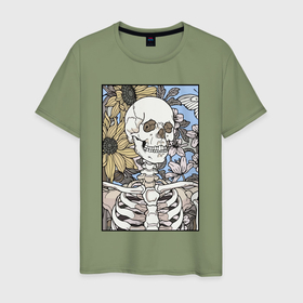 Мужская футболка хлопок с принтом Скелет в подсолнухах в Екатеринбурге, 100% хлопок | прямой крой, круглый вырез горловины, длина до линии бедер, слегка спущенное плечо. | 