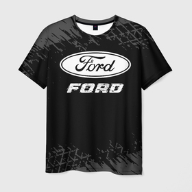 Мужская футболка 3D с принтом Ford speed на темном фоне со следами шин в Кировске, 100% полиэфир | прямой крой, круглый вырез горловины, длина до линии бедер | 