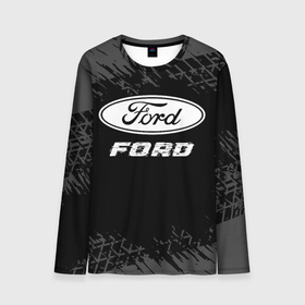 Мужской лонгслив 3D с принтом Ford speed на темном фоне со следами шин в Тюмени, 100% полиэстер | длинные рукава, круглый вырез горловины, полуприлегающий силуэт | 