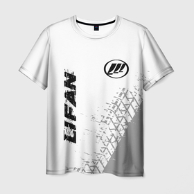 Мужская футболка 3D с принтом Lifan speed на светлом фоне со следами шин: надпись, символ в Тюмени, 100% полиэфир | прямой крой, круглый вырез горловины, длина до линии бедер | 
