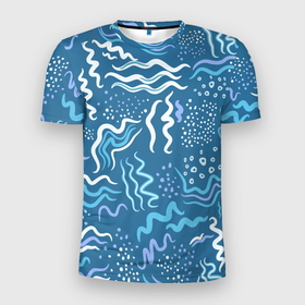 Мужская футболка 3D Slim с принтом Абстрактные линии на голубом фоне в Екатеринбурге, 100% полиэстер с улучшенными характеристиками | приталенный силуэт, круглая горловина, широкие плечи, сужается к линии бедра | Тематика изображения на принте: 