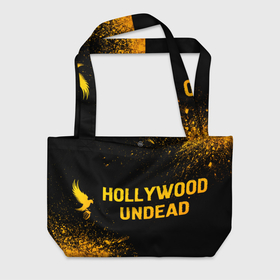 Пляжная сумка 3D с принтом Hollywood Undead   gold gradient: надпись и символ в Екатеринбурге, 100% полиэстер | застегивается на металлическую кнопку; внутренний карман застегивается на молнию. Стенки укреплены специальным мягким материалом, чтобы защитить содержимое от несильных ударов
 | 