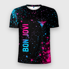 Мужская футболка 3D Slim с принтом Bon Jovi   neon gradient: надпись, символ в Белгороде, 100% полиэстер с улучшенными характеристиками | приталенный силуэт, круглая горловина, широкие плечи, сужается к линии бедра | 