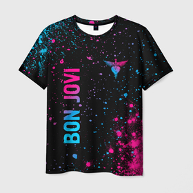 Мужская футболка 3D с принтом Bon Jovi   neon gradient: надпись, символ в Новосибирске, 100% полиэфир | прямой крой, круглый вырез горловины, длина до линии бедер | Тематика изображения на принте: 