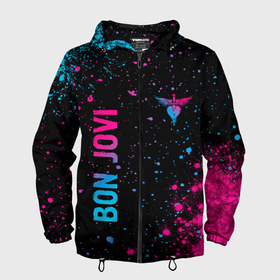 Мужская ветровка 3D с принтом Bon Jovi   neon gradient: надпись, символ в Петрозаводске, 100% полиэстер | подол и капюшон оформлены резинкой с фиксаторами, два кармана без застежек по бокам, один потайной карман на груди | 