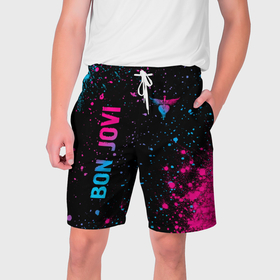 Мужские шорты 3D с принтом Bon Jovi   neon gradient: надпись, символ в Санкт-Петербурге,  полиэстер 100% | прямой крой, два кармана без застежек по бокам. Мягкая трикотажная резинка на поясе, внутри которой широкие завязки. Длина чуть выше колен | 