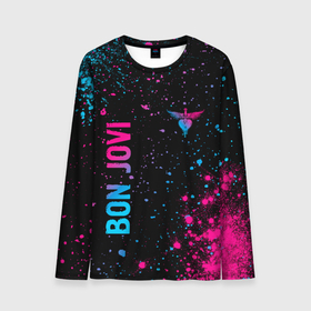 Мужской лонгслив 3D с принтом Bon Jovi   neon gradient: надпись, символ в Курске, 100% полиэстер | длинные рукава, круглый вырез горловины, полуприлегающий силуэт | Тематика изображения на принте: 