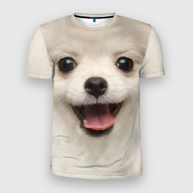 Мужская футболка 3D Slim с принтом Белая собачка   Померанский Шпиц в Белгороде, 100% полиэстер с улучшенными характеристиками | приталенный силуэт, круглая горловина, широкие плечи, сужается к линии бедра | 