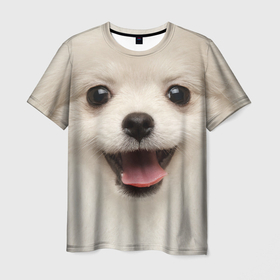 Мужская футболка 3D с принтом Белая собачка   Померанский Шпиц в Белгороде, 100% полиэфир | прямой крой, круглый вырез горловины, длина до линии бедер | 