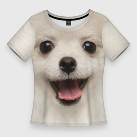 Женская футболка 3D Slim с принтом Белая собачка   Померанский Шпиц в Новосибирске,  |  | 