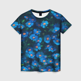 Женская футболка 3D с принтом Синие хризантемы , 100% полиэфир ( синтетическое хлопкоподобное полотно) | прямой крой, круглый вырез горловины, длина до линии бедер | 
