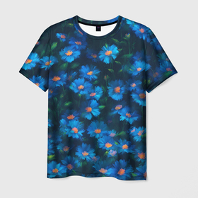 Мужская футболка 3D с принтом Синие хризантемы , 100% полиэфир | прямой крой, круглый вырез горловины, длина до линии бедер | 