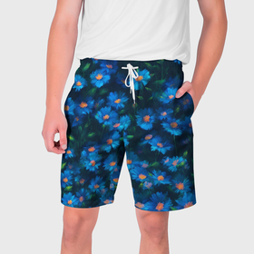 Мужские шорты 3D с принтом Синие хризантемы ,  полиэстер 100% | прямой крой, два кармана без застежек по бокам. Мягкая трикотажная резинка на поясе, внутри которой широкие завязки. Длина чуть выше колен | 