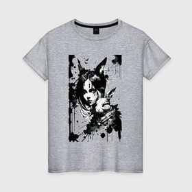 Женская футболка хлопок с принтом Девочка и кролик   аниме   нейпрсеть в Екатеринбурге, 100% хлопок | прямой крой, круглый вырез горловины, длина до линии бедер, слегка спущенное плечо | 