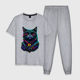 Мужская пижама хлопок с принтом Панк кот в очках , 100% хлопок | брюки и футболка прямого кроя, без карманов, на брюках мягкая резинка на поясе и по низу штанин
 | 