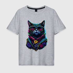 Мужская футболка хлопок Oversize с принтом Панк кот в очках в Екатеринбурге, 100% хлопок | свободный крой, круглый ворот, “спинка” длиннее передней части | 