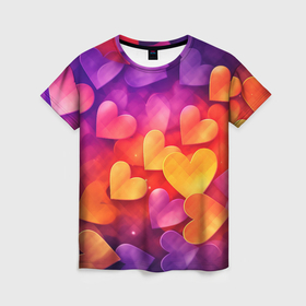 Женская футболка 3D с принтом Разноцветные   сердечки в Курске, 100% полиэфир ( синтетическое хлопкоподобное полотно) | прямой крой, круглый вырез горловины, длина до линии бедер | 