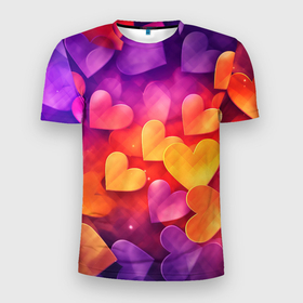 Мужская футболка 3D Slim с принтом Разноцветные   сердечки в Санкт-Петербурге, 100% полиэстер с улучшенными характеристиками | приталенный силуэт, круглая горловина, широкие плечи, сужается к линии бедра | Тематика изображения на принте: 