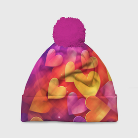 Шапка 3D c помпоном с принтом Разноцветные   сердечки в Тюмени, 100% полиэстер | универсальный размер, печать по всей поверхности изделия | 