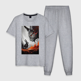 Мужская пижама хлопок с принтом Rabbit vs devil   neural network в Кировске, 100% хлопок | брюки и футболка прямого кроя, без карманов, на брюках мягкая резинка на поясе и по низу штанин
 | 